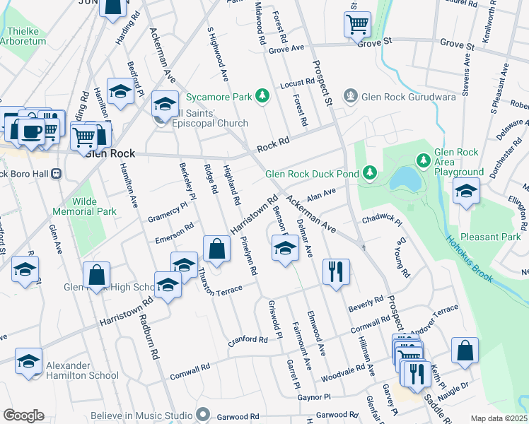 map of restaurants, bars, coffee shops, grocery stores, and more near 66 Spottswood Road in Glen Rock