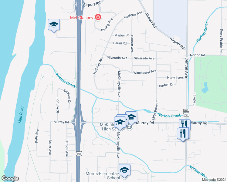 map of restaurants, bars, coffee shops, grocery stores, and more near 1178 Gassaway Road in McKinleyville