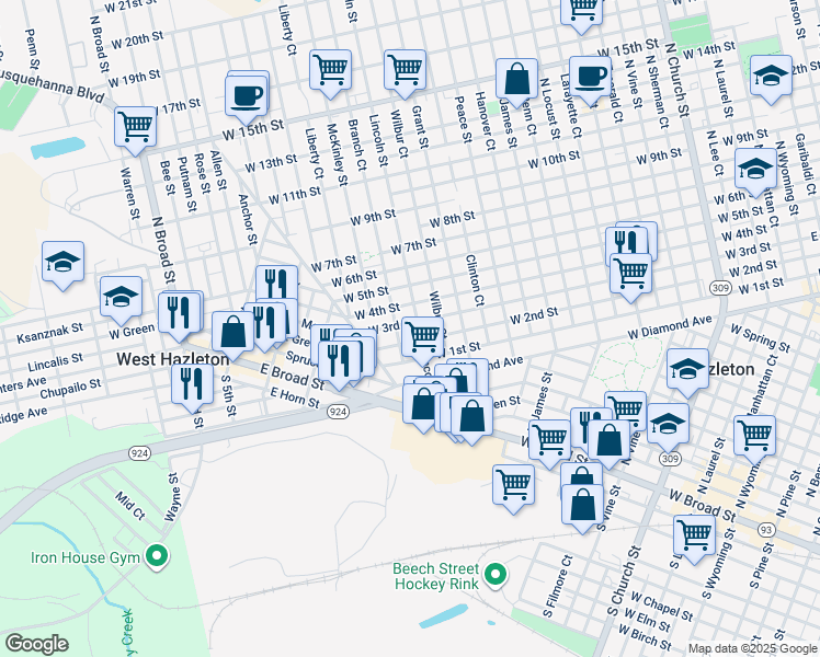 map of restaurants, bars, coffee shops, grocery stores, and more near 556 Lincoln Street in Hazleton