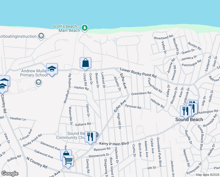 map of restaurants, bars, coffee shops, grocery stores, and more near 21 Lawrence Drive in Sound Beach
