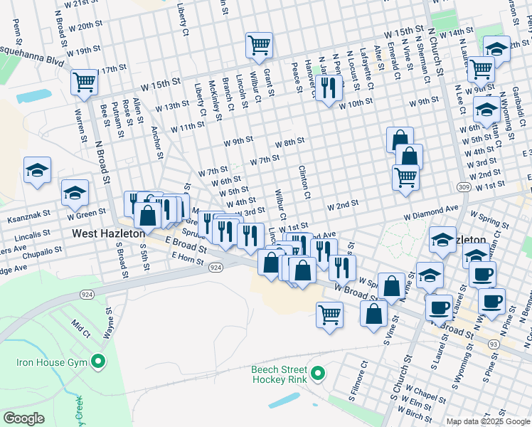 map of restaurants, bars, coffee shops, grocery stores, and more near 556 Lincoln Street in Hazleton