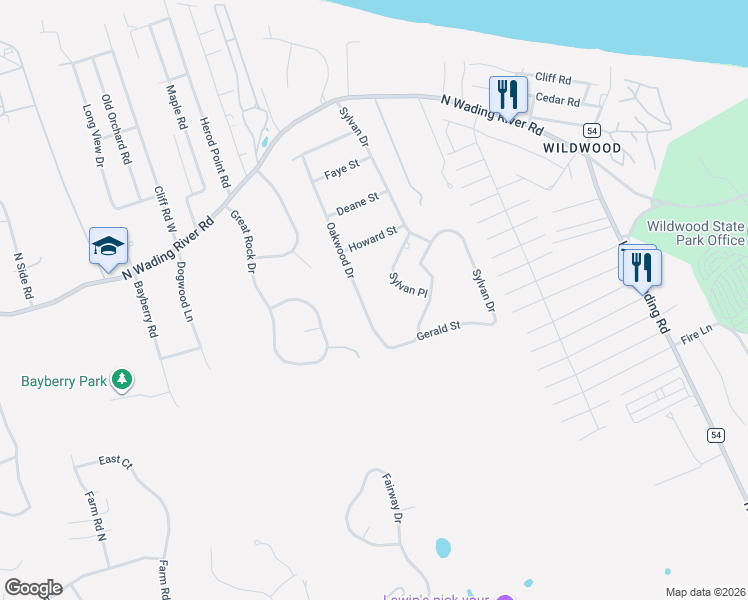 map of restaurants, bars, coffee shops, grocery stores, and more near 32 Oakwood Drive in Wading River