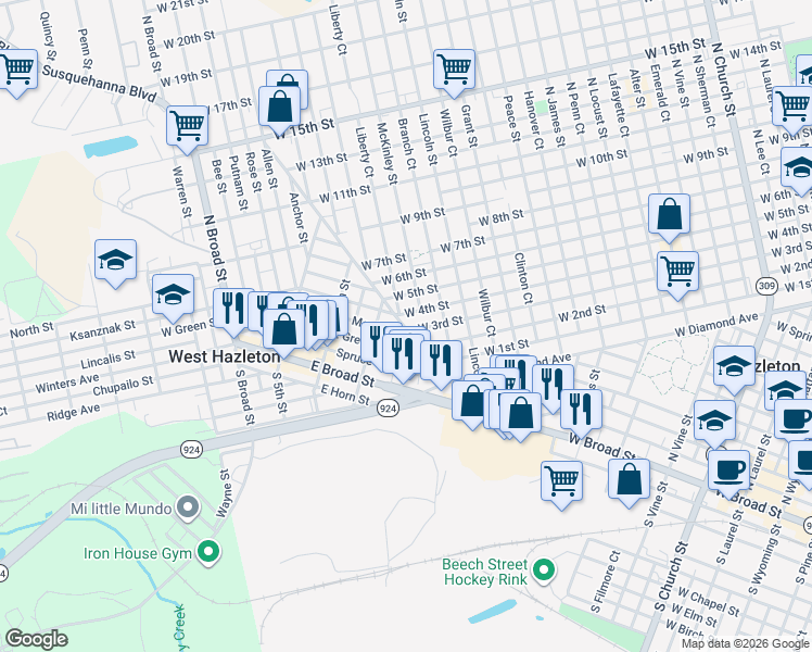 map of restaurants, bars, coffee shops, grocery stores, and more near 248-274 Boundary Street in Hazleton