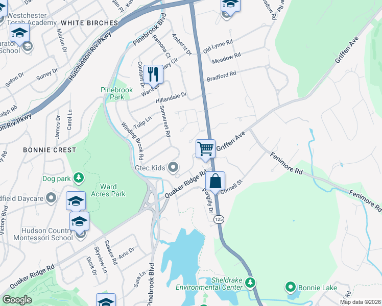 map of restaurants, bars, coffee shops, grocery stores, and more near 16 Brookridge Road in New Rochelle