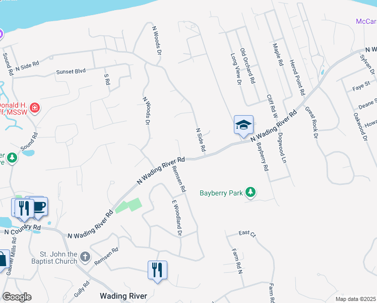 map of restaurants, bars, coffee shops, grocery stores, and more near 2370 North Wading River Road in Wading River
