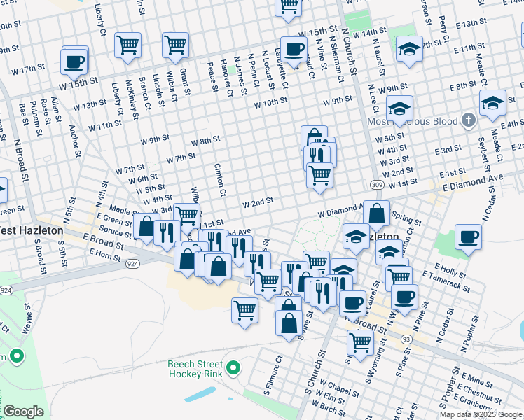 map of restaurants, bars, coffee shops, grocery stores, and more near 526 North James Street in Hazleton