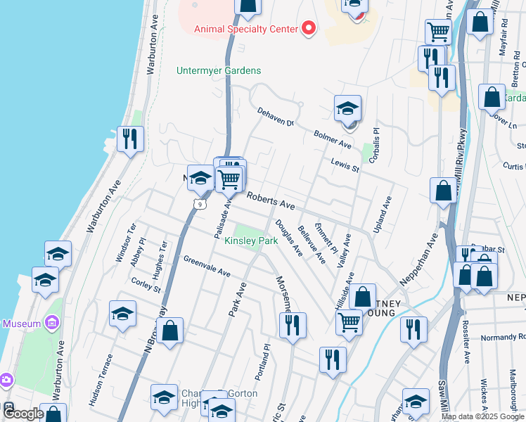 map of restaurants, bars, coffee shops, grocery stores, and more near 69 Douglas Avenue in Yonkers