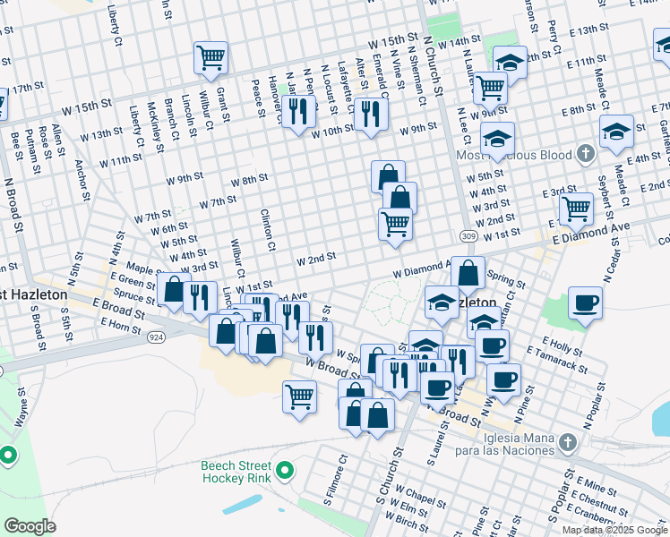 map of restaurants, bars, coffee shops, grocery stores, and more near 521 North James Street in Hazleton