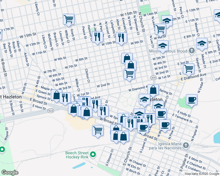 map of restaurants, bars, coffee shops, grocery stores, and more near 521 North James Street in Hazleton