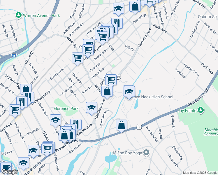 map of restaurants, bars, coffee shops, grocery stores, and more near 103 West Street in Mamaroneck