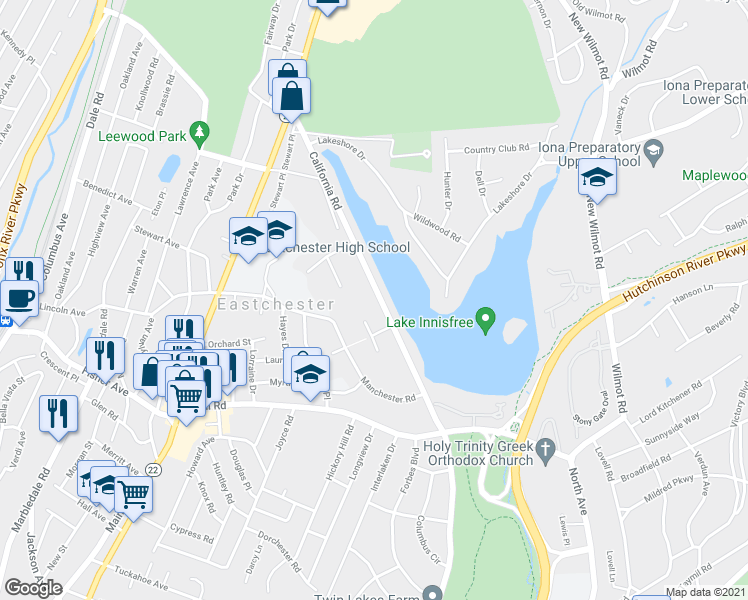 map of restaurants, bars, coffee shops, grocery stores, and more near 1245 California Road in Eastchester