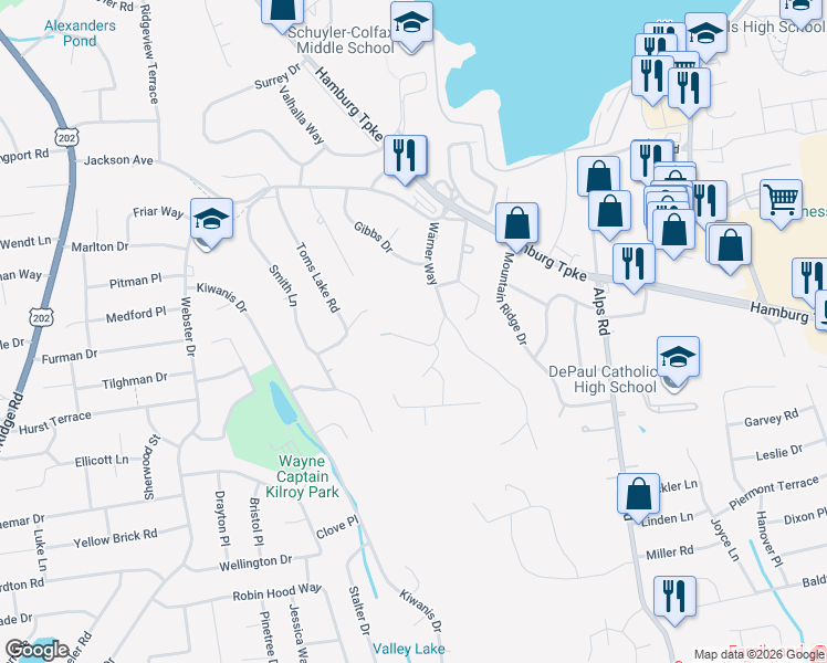 map of restaurants, bars, coffee shops, grocery stores, and more near 38 Peterson Road in Wayne
