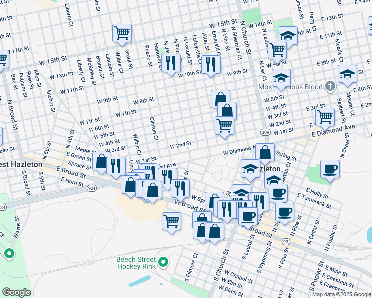 map of restaurants, bars, coffee shops, grocery stores, and more near 526 North James Street in Hazleton