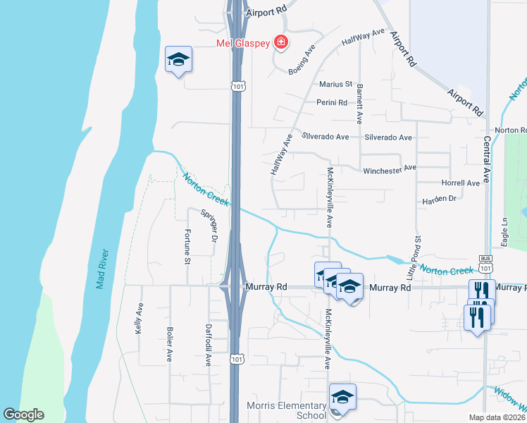 map of restaurants, bars, coffee shops, grocery stores, and more near 1050 Gassaway Road in McKinleyville