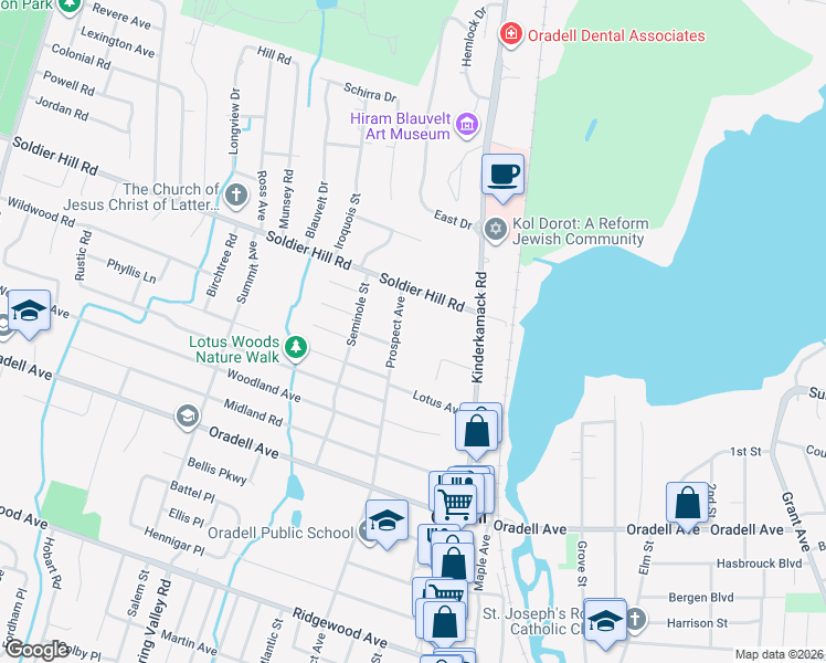 map of restaurants, bars, coffee shops, grocery stores, and more near 506 Prospect Avenue in Oradell