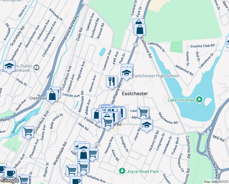 map of restaurants, bars, coffee shops, grocery stores, and more near 507 White Plains Road in Eastchester