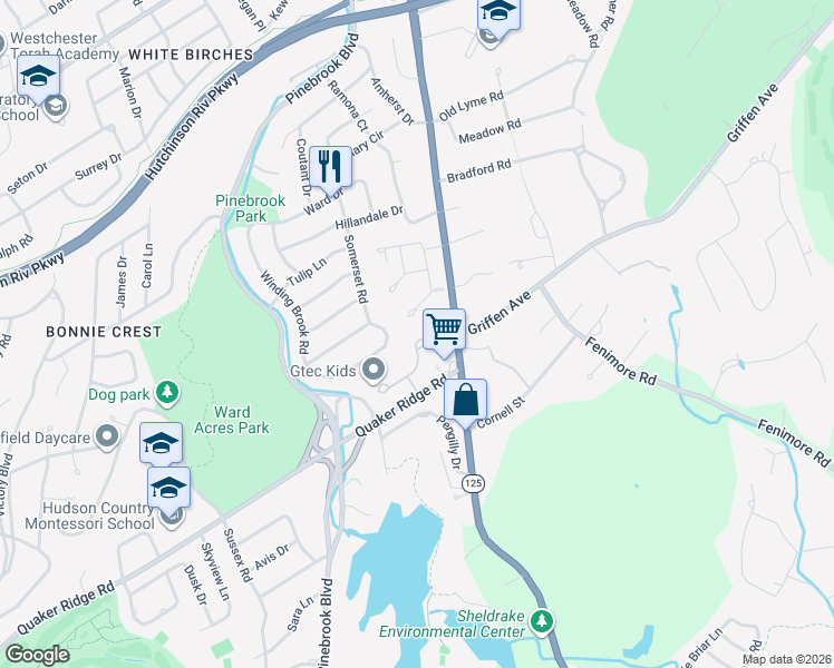 map of restaurants, bars, coffee shops, grocery stores, and more near 16 Brookridge Road in New Rochelle