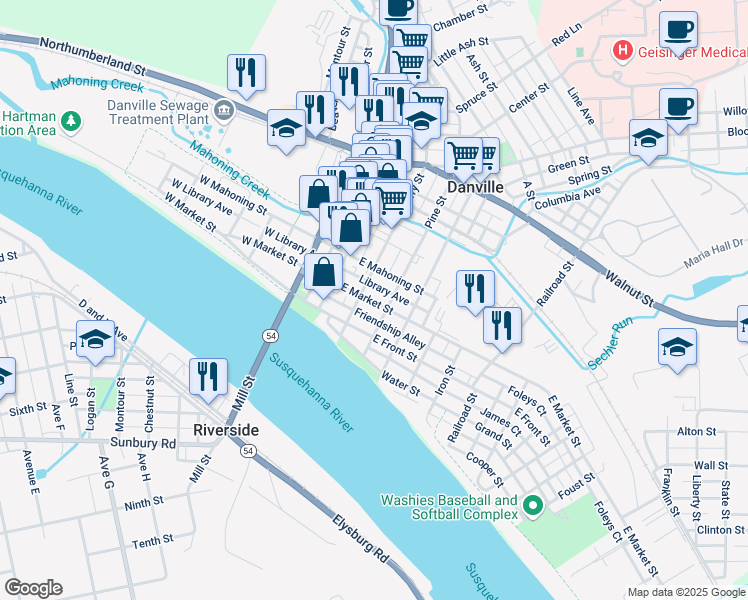 map of restaurants, bars, coffee shops, grocery stores, and more near 131 East Market Street in Danville
