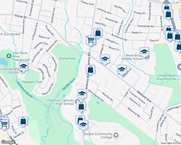 map of restaurants, bars, coffee shops, grocery stores, and more near 502 Paramus Road in Paramus
