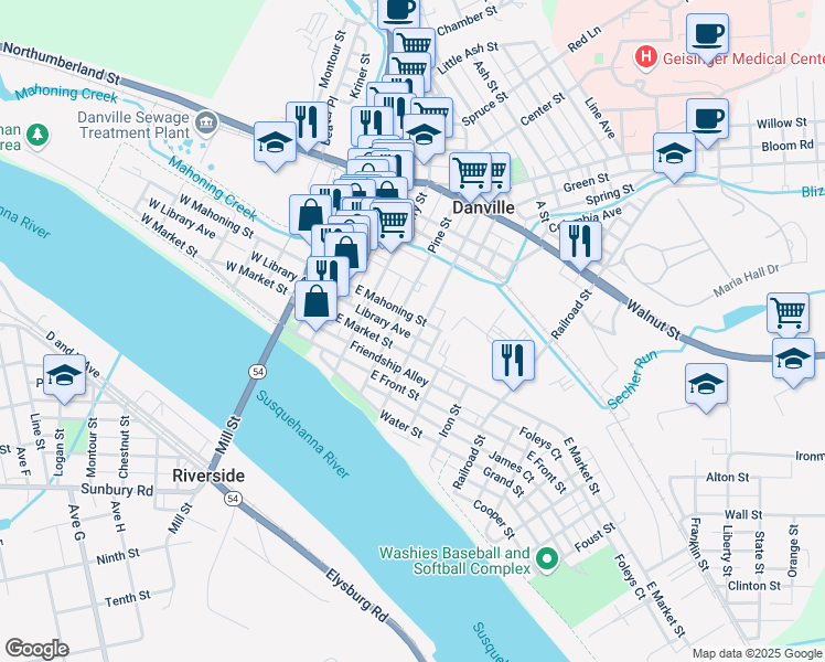 map of restaurants, bars, coffee shops, grocery stores, and more near 300-398 Pine Street in Danville