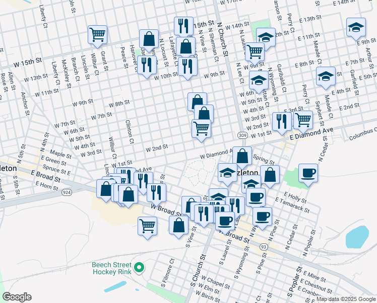 map of restaurants, bars, coffee shops, grocery stores, and more near 432 West 3rd Street in Hazleton