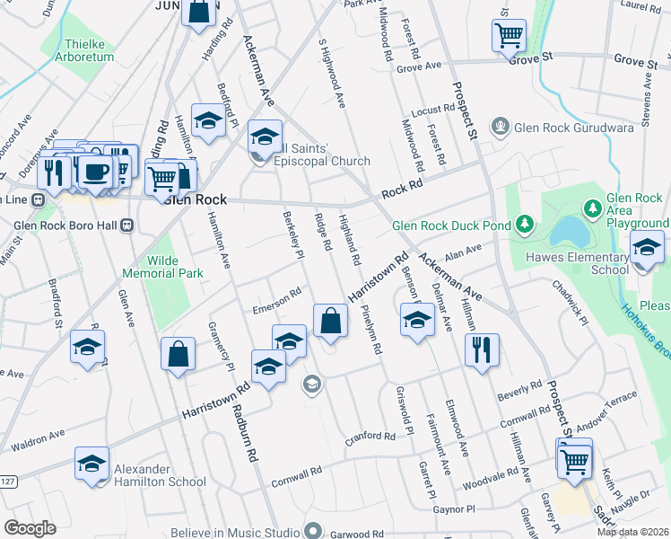 map of restaurants, bars, coffee shops, grocery stores, and more near 47 Ridge Road in Glen Rock