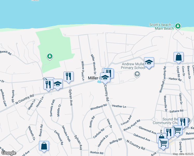 map of restaurants, bars, coffee shops, grocery stores, and more near in Miller Place