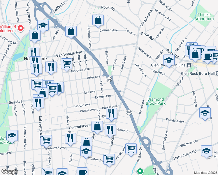 map of restaurants, bars, coffee shops, grocery stores, and more near 21 Raymond Place in Hawthorne