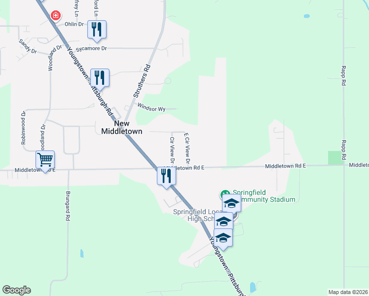 map of restaurants, bars, coffee shops, grocery stores, and more near 173 East Circle View Drive in New Middletown