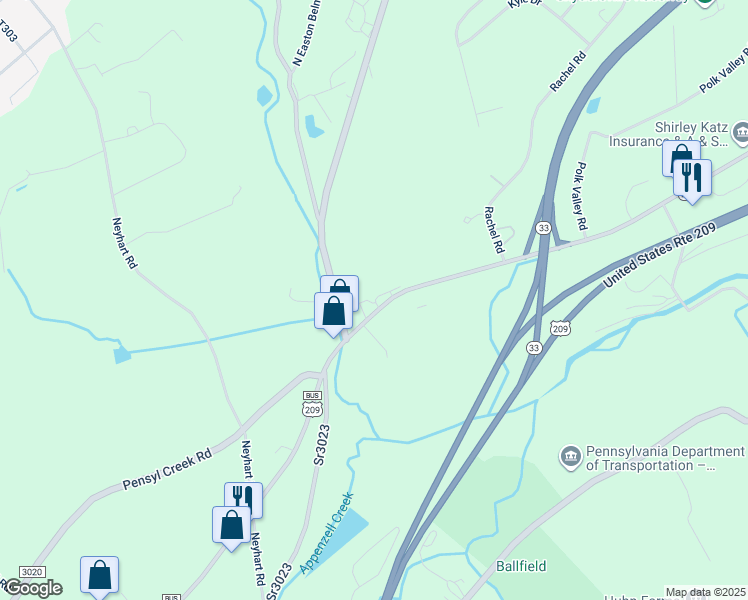 map of restaurants, bars, coffee shops, grocery stores, and more near 221 Dale Lane in Stroudsburg