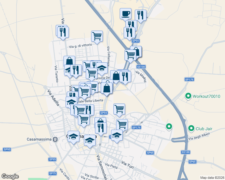map of restaurants, bars, coffee shops, grocery stores, and more near 97 Via Carducci in Casamassima