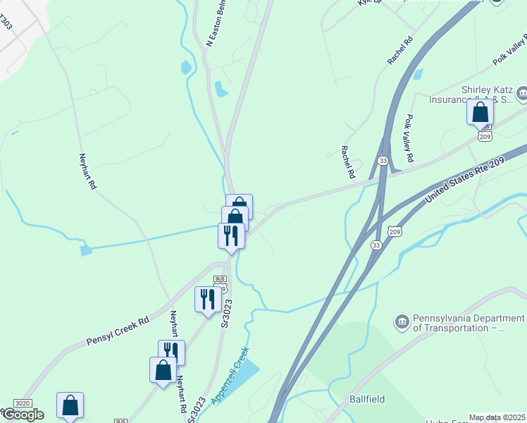 map of restaurants, bars, coffee shops, grocery stores, and more near 221 Dale Lane in Stroudsburg