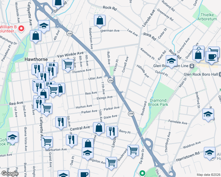 map of restaurants, bars, coffee shops, grocery stores, and more near 21 Raymond Place in Hawthorne