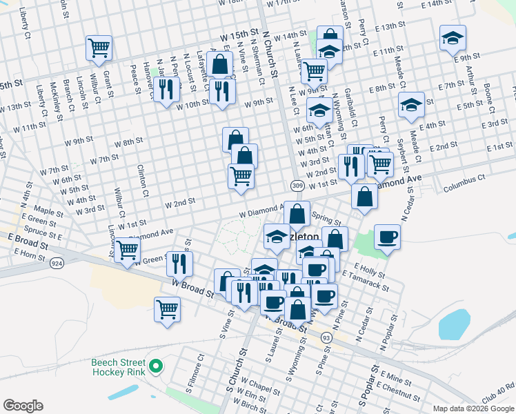 map of restaurants, bars, coffee shops, grocery stores, and more near 329 West Diamond Avenue in Hazleton