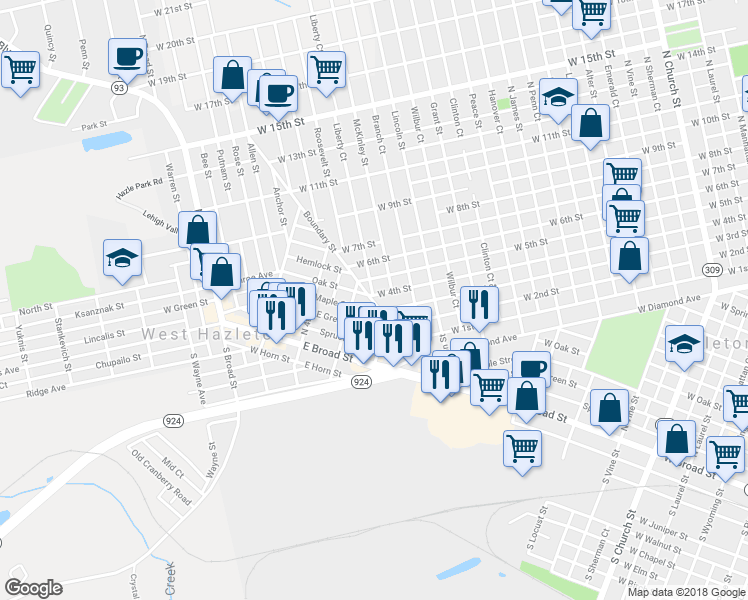 map of restaurants, bars, coffee shops, grocery stores, and more near 971 West 3rd Street in Hazleton