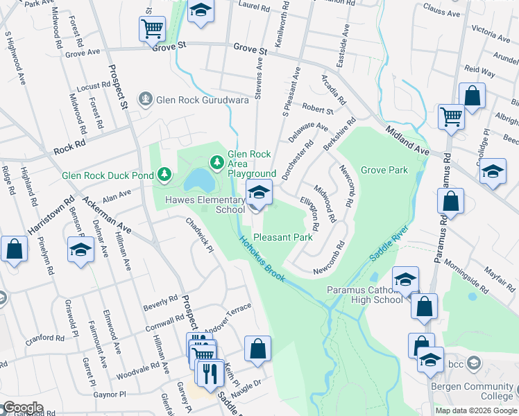 map of restaurants, bars, coffee shops, grocery stores, and more near 490 South Pleasant Avenue in Ridgewood