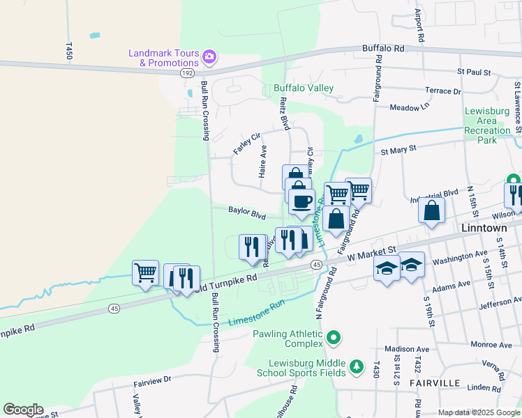 map of restaurants, bars, coffee shops, grocery stores, and more near 2 Farley Circle in Lewisburg