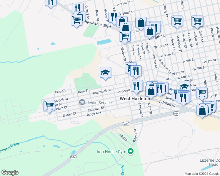 map of restaurants, bars, coffee shops, grocery stores, and more near 325 North Street in West Hazleton