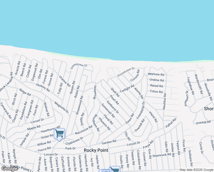 map of restaurants, bars, coffee shops, grocery stores, and more near 77 Shell Road in Rocky Point