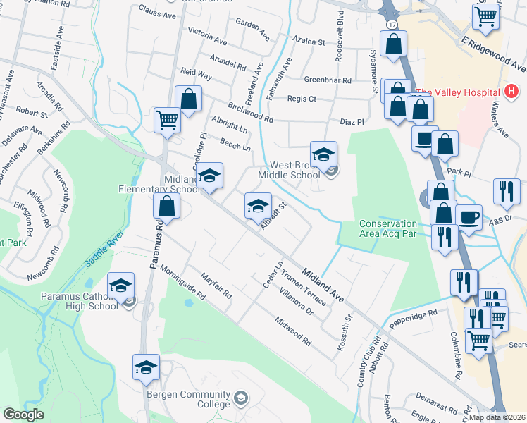 map of restaurants, bars, coffee shops, grocery stores, and more near 535 Otto Place in Paramus