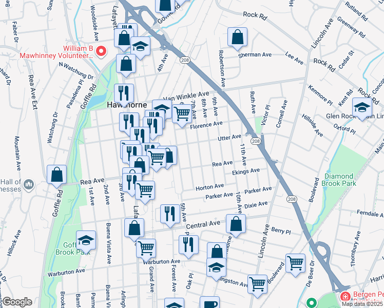 map of restaurants, bars, coffee shops, grocery stores, and more near 104 Utter Avenue in Hawthorne