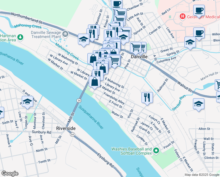map of restaurants, bars, coffee shops, grocery stores, and more near 131 East Market Street in Danville