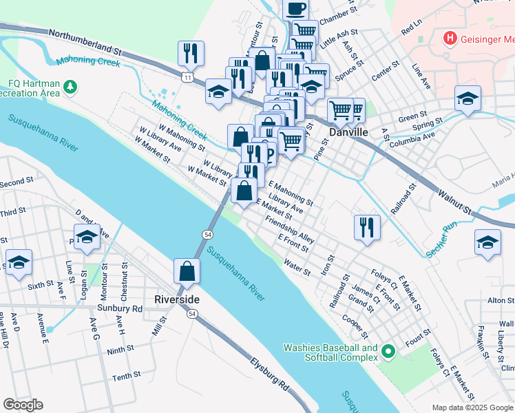 map of restaurants, bars, coffee shops, grocery stores, and more near 108 Mill Street in Danville