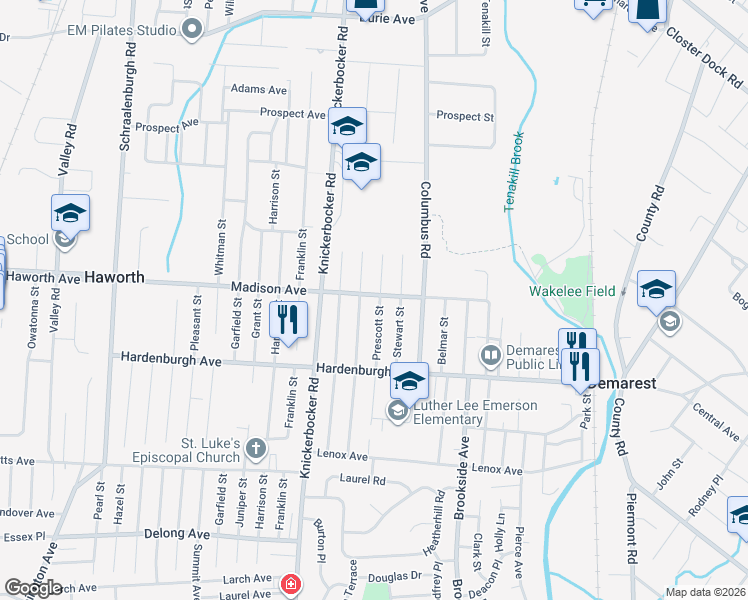 map of restaurants, bars, coffee shops, grocery stores, and more near 91 Prescott Street in Demarest