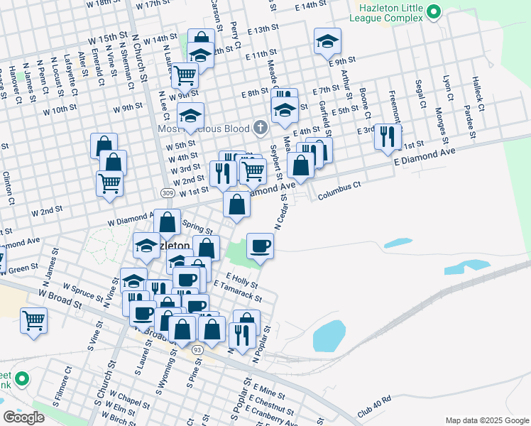 map of restaurants, bars, coffee shops, grocery stores, and more near 100 East Diamond Avenue in Hazleton