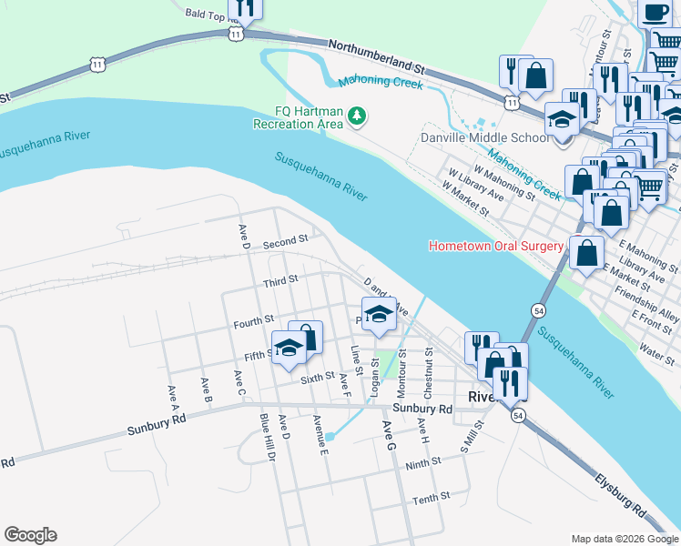 map of restaurants, bars, coffee shops, grocery stores, and more near 301 Line Street in Riverside