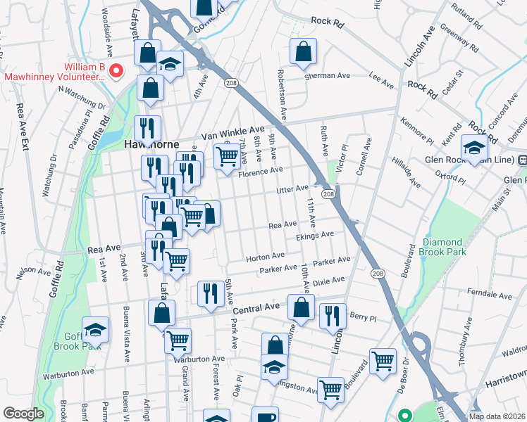 map of restaurants, bars, coffee shops, grocery stores, and more near 78 8th Avenue in Hawthorne