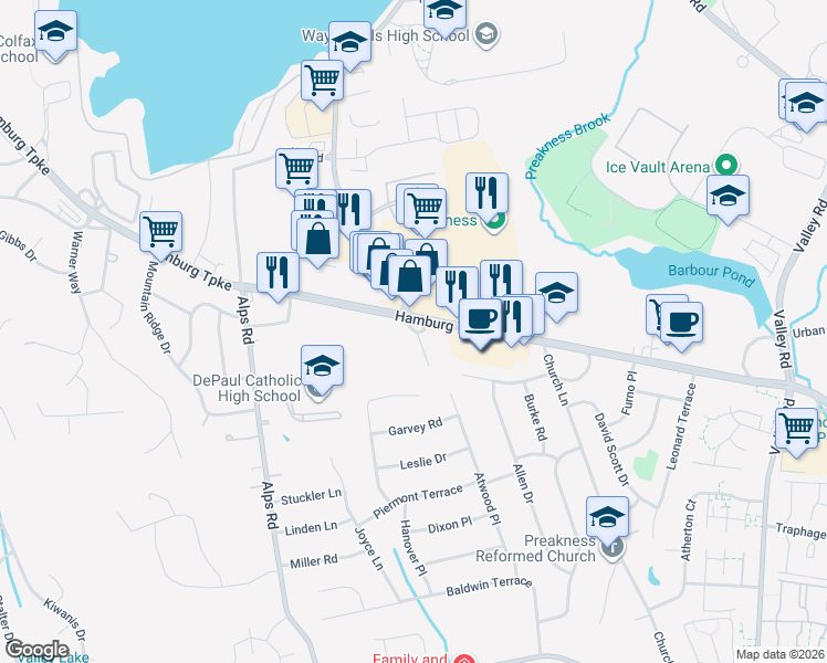 map of restaurants, bars, coffee shops, grocery stores, and more near 1160-1162 Hamburg Turnpike in Wayne