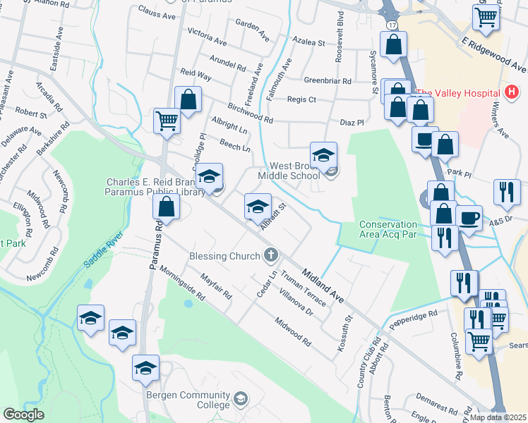 map of restaurants, bars, coffee shops, grocery stores, and more near 535 Otto Place in Paramus