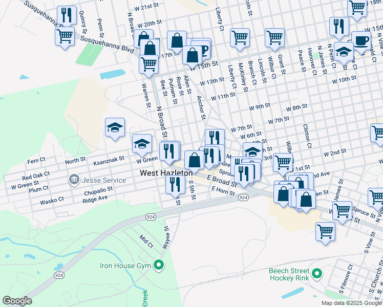 map of restaurants, bars, coffee shops, grocery stores, and more near 9 Jackson Avenue in West Hazleton